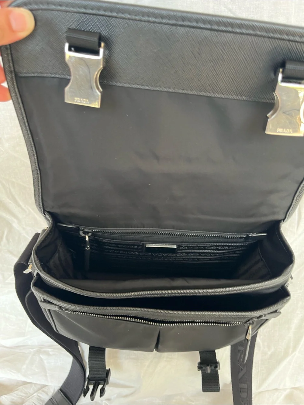 Prada Black Nylon Messenger Bag with Front Buckles